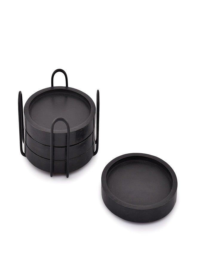 NIRMAN Wooden Coasters for Drinks Coffee Table, Round Drink Coasters with Holder for Tabletop Protection, Set of 4 (4" x 4" x 0.5") (Black) - Image 3